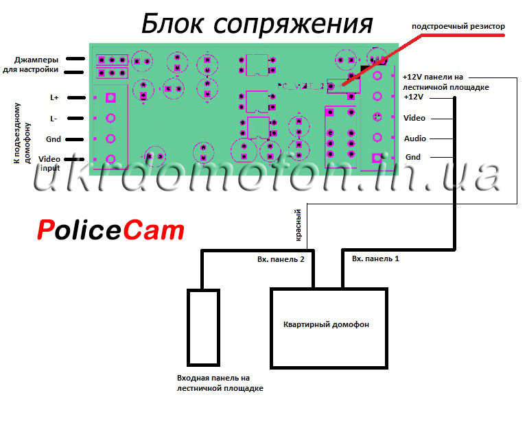 схема подключения блока сопряжения видеодомофона к Vizit